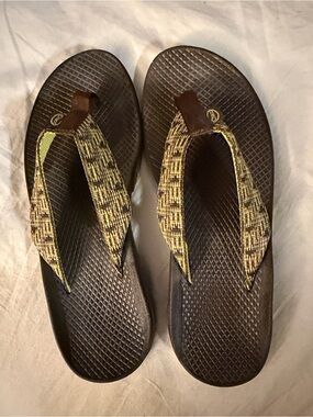 Chaco Brown and Yellow Patterned Flip Flops